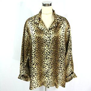 Victorias Secret Leopard Cheetah Print Long Sleeve Satin Sleep Shirt Blouse L